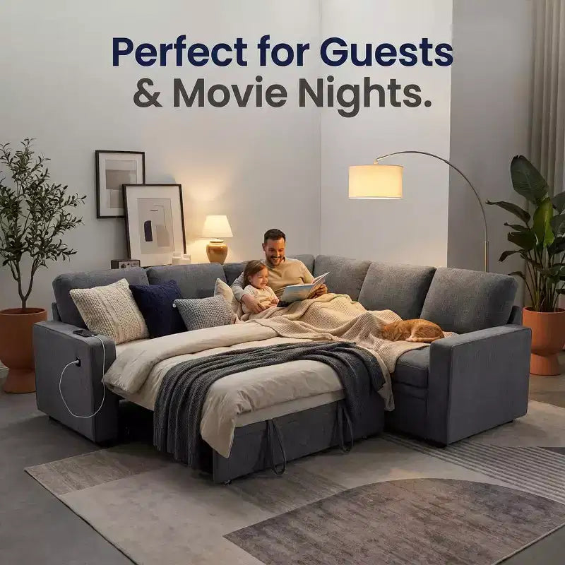 Divano Sezionale Modulare Dyonery a 5 Posti con Letto Estraibile per Piccoli Spazi, Divano a L con Letto Estraibile, Contenitore, Porte USB e Recliner