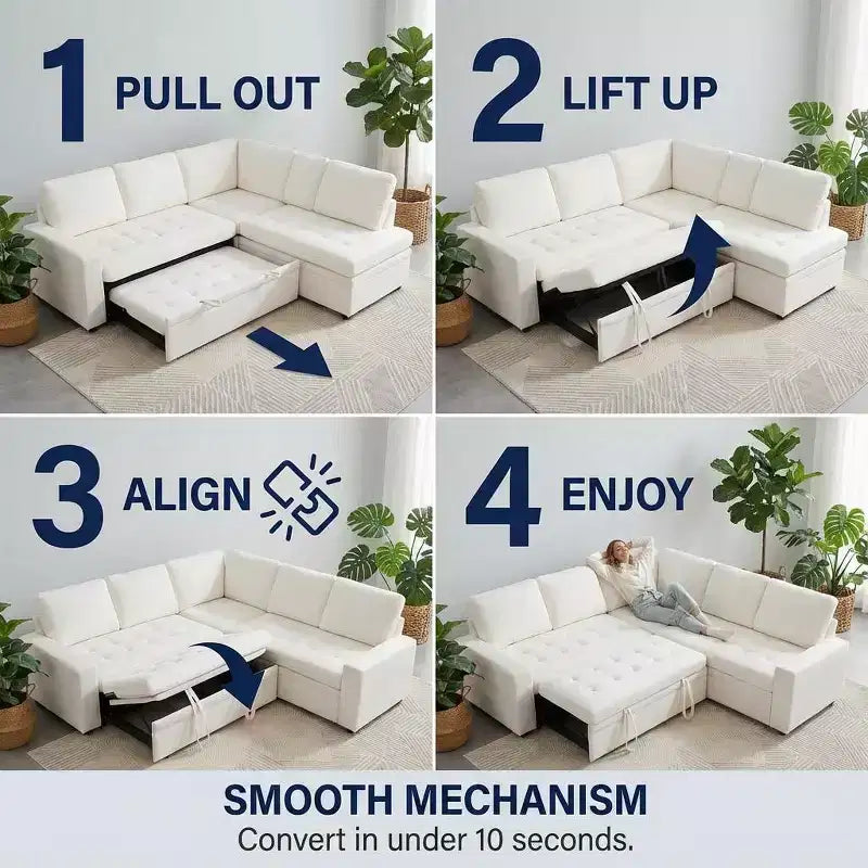Divano Sezionale Modulare Dyonery a 5 Posti con Letto Estraibile per Piccoli Spazi, Divano a L con Letto Estraibile, Contenitore, Porte USB e Recliner