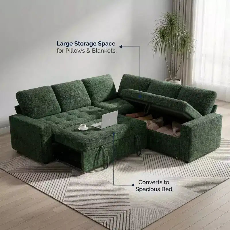 Divano Sezionale Modulare Dyonery a 5 Posti con Letto Estraibile per Piccoli Spazi, Divano a L con Letto Estraibile, Contenitore, Porte USB e Recliner