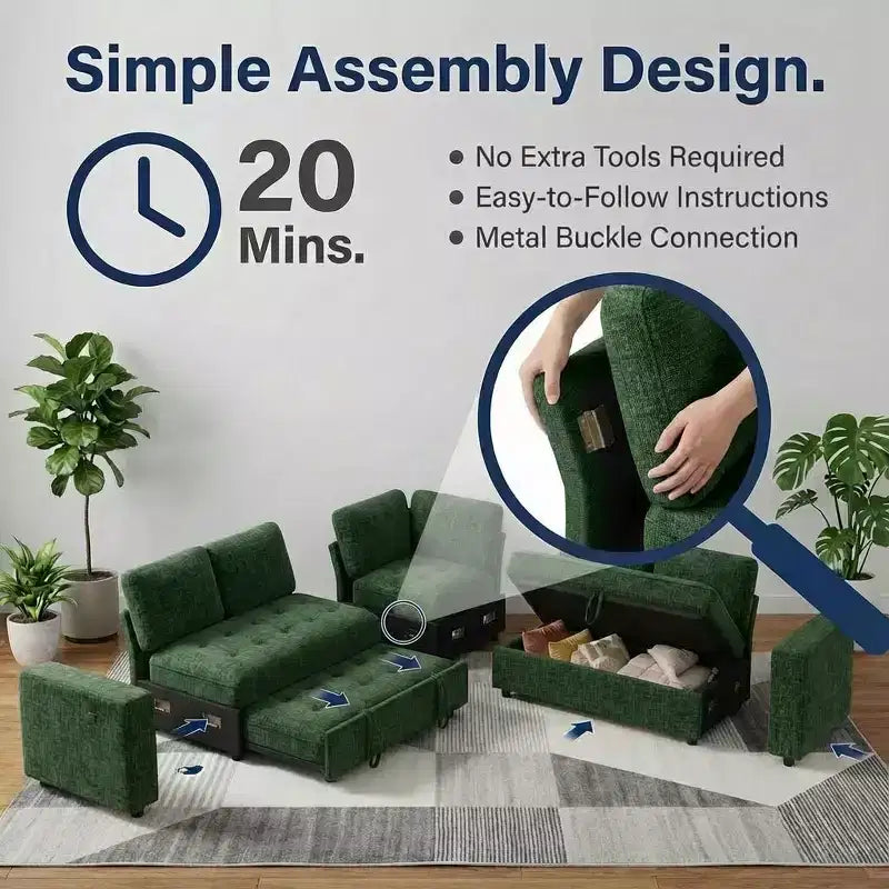 Divano Sezionale Modulare Dyonery a 5 Posti con Letto Estraibile per Piccoli Spazi, Divano a L con Letto Estraibile, Contenitore, Porte USB e Recliner