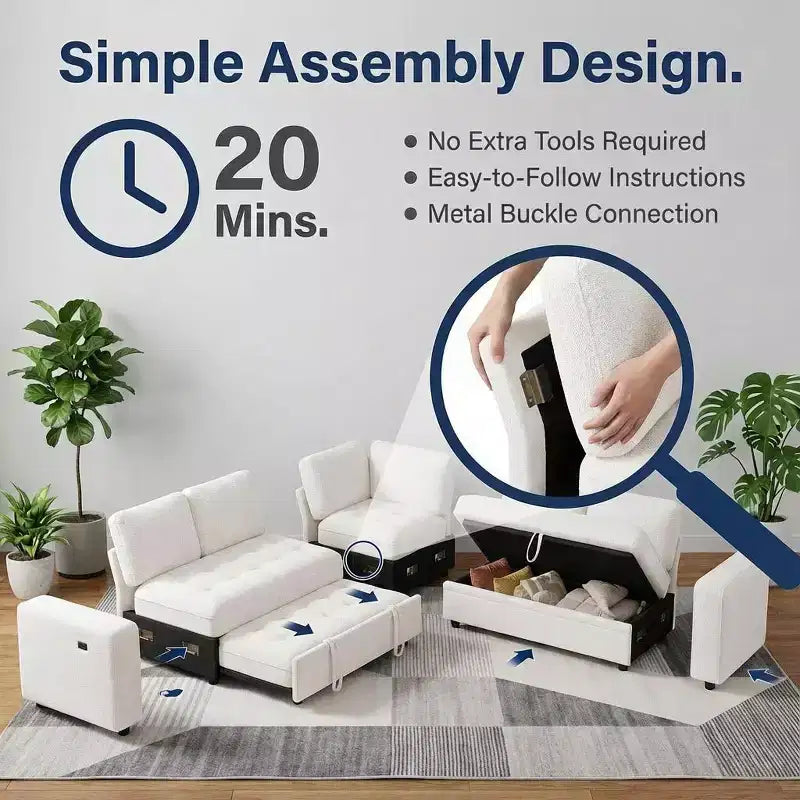 Divano Sezionale Modulare Dyonery a 5 Posti con Letto Estraibile per Piccoli Spazi, Divano a L con Letto Estraibile, Contenitore, Porte USB e Recliner