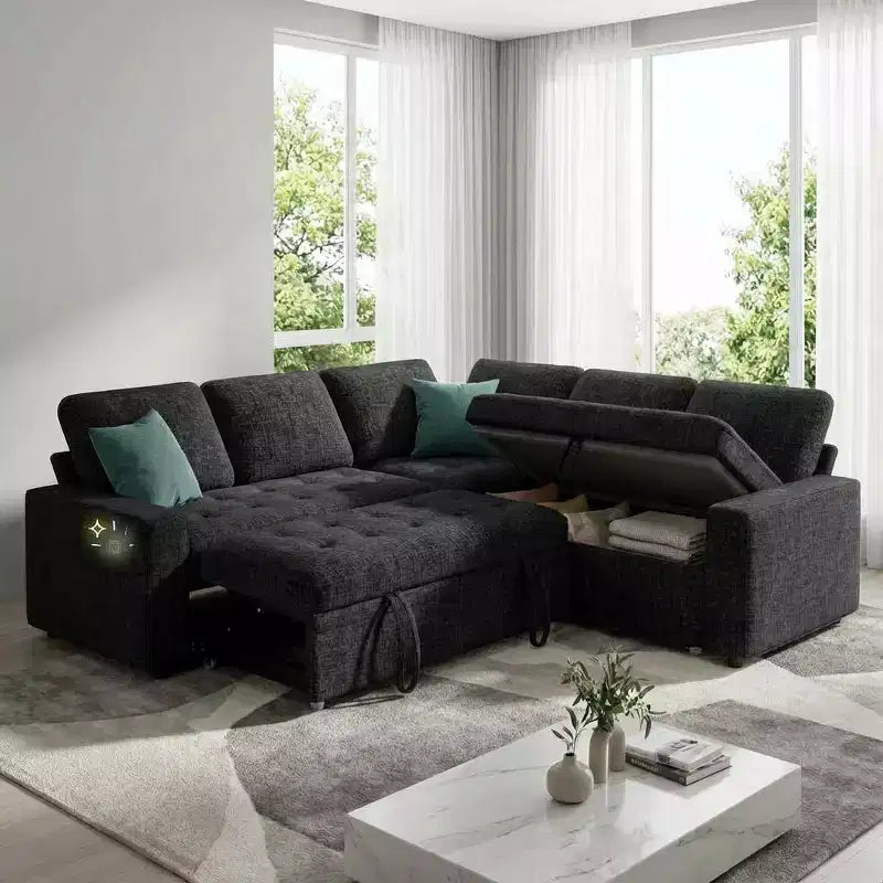 Divano Sezionale Modulare Dyonery a 5 Posti con Letto Estraibile per Piccoli Spazi, Divano a L con Letto Estraibile, Contenitore, Porte USB e Recliner