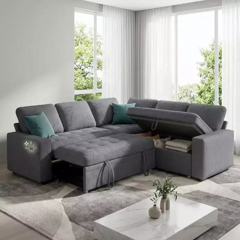Divano Sezionale Modulare Dyonery a 5 Posti con Letto Estraibile per Piccoli Spazi, Divano a L con Letto Estraibile, Contenitore, Porte USB e Recliner