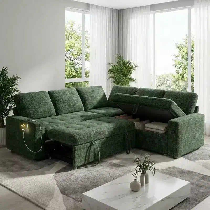 Divano Sezionale Modulare Dyonery a 5 Posti con Letto Estraibile per Piccoli Spazi, Divano a L con Letto Estraibile, Contenitore, Porte USB e Recliner