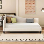 MAYEERTY Letto Divano a L Matrimoniale in Lino, Gambe in Legno Massello, Camera da Letto, Grigio