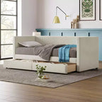 MAYEERTY Letto Divano Singolo in Velluto a Coste, 2 Cassetti, Doghe in Legno, Camera da Letto, Beige