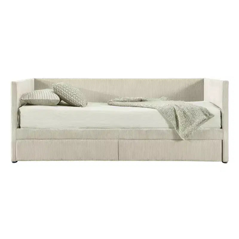 MAYEERTY Letto Divano Singolo in Velluto a Coste, 2 Cassetti, Doghe in Legno, Camera da Letto, Beige
