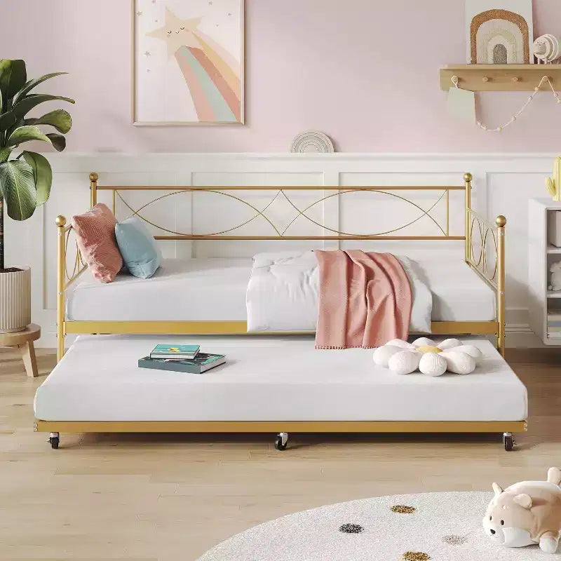 Letto a giorno matrimoniale in metallo con letto estraibile, struttura resistente, rotelle con blocco e doghe in metallo, ideale per camera da letto, camera degli ospiti o soggiorno