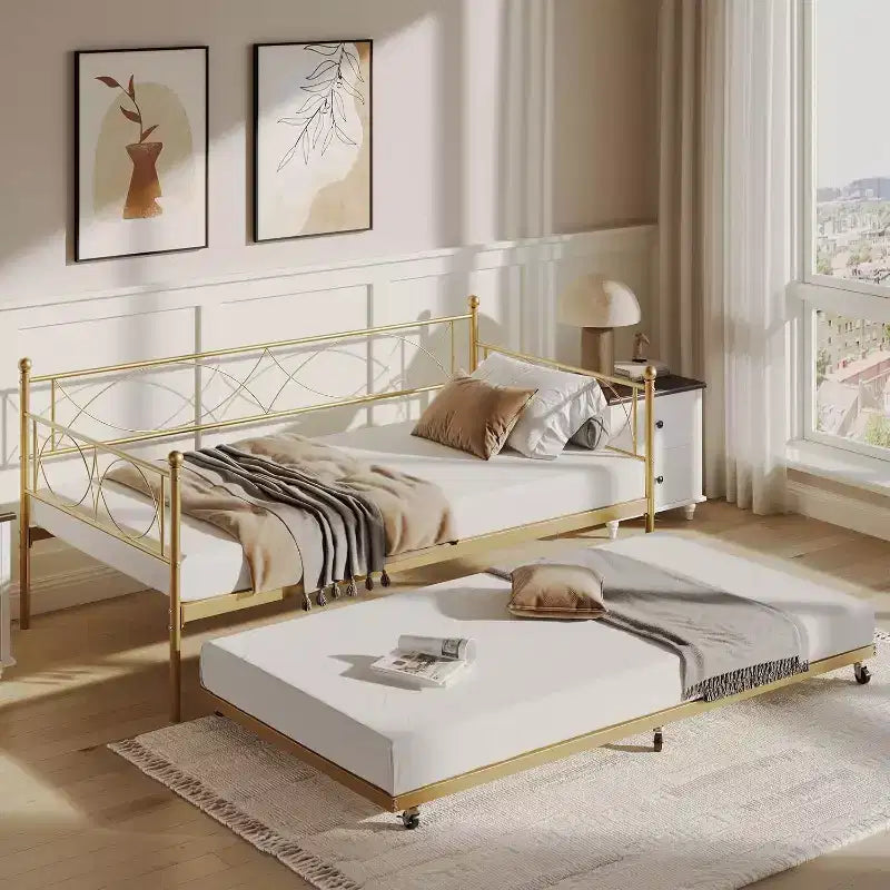 Letto a giorno matrimoniale in metallo con letto estraibile, struttura resistente, rotelle con blocco e doghe in metallo, ideale per camera da letto, camera degli ospiti o soggiorno