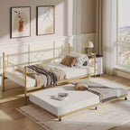 Letto a giorno matrimoniale in metallo con letto estraibile, struttura resistente, rotelle con blocco e doghe in metallo, ideale per camera da letto, camera degli ospiti o soggiorno
