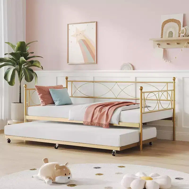 Letto a giorno matrimoniale in metallo con letto estraibile, struttura resistente, rotelle con blocco e doghe in metallo, ideale per camera da letto, camera degli ospiti o soggiorno