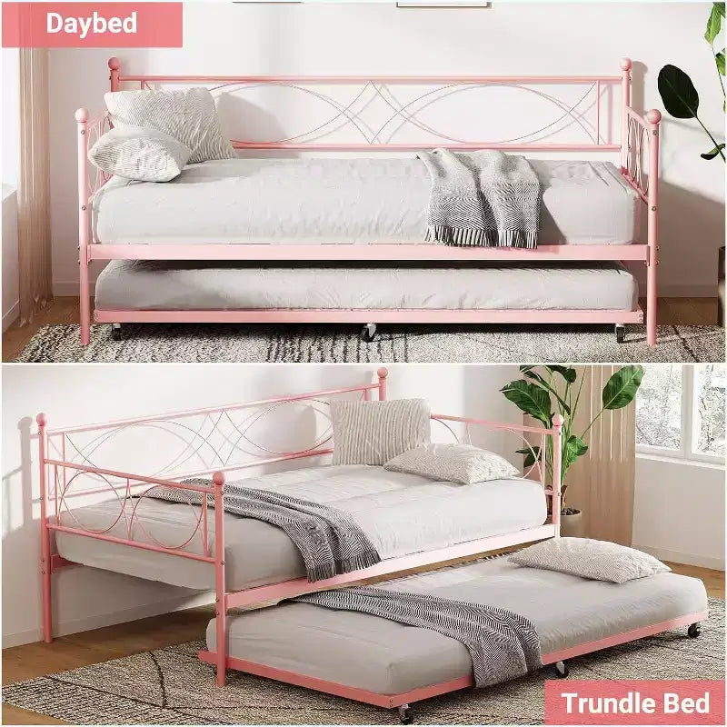 Letto a giorno matrimoniale in metallo con letto estraibile, struttura resistente, rotelle con blocco e doghe in metallo, ideale per camera da letto, camera degli ospiti o soggiorno