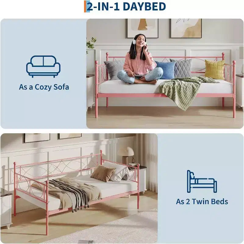 Letto a giorno matrimoniale in metallo con letto estraibile, struttura resistente, rotelle con blocco e doghe in metallo, ideale per camera da letto, camera degli ospiti o soggiorno
