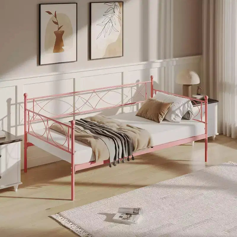 Letto a giorno matrimoniale in metallo con letto estraibile, struttura resistente, rotelle con blocco e doghe in metallo, ideale per camera da letto, camera degli ospiti o soggiorno