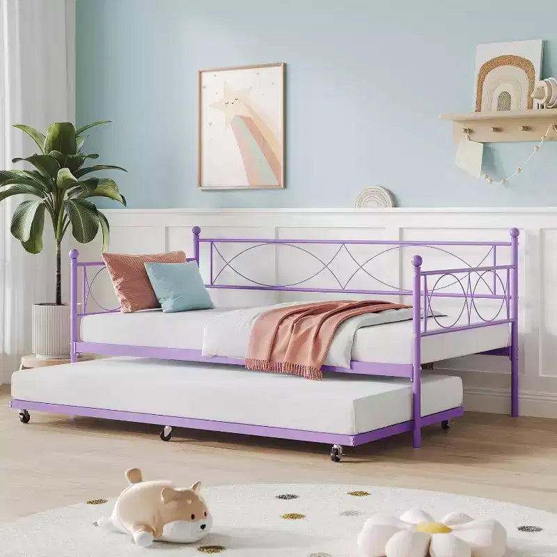 Letto a giorno matrimoniale in metallo con letto estraibile, struttura resistente, rotelle con blocco e doghe in metallo, ideale per camera da letto, camera degli ospiti o soggiorno
