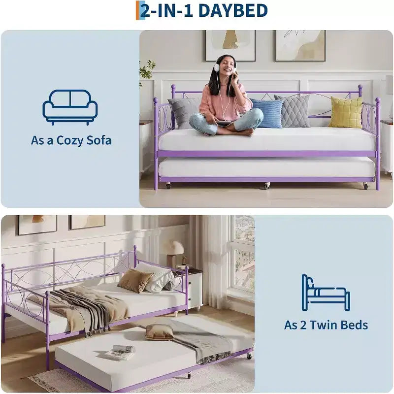 Letto a giorno matrimoniale in metallo con letto estraibile, struttura resistente, rotelle con blocco e doghe in metallo, ideale per camera da letto, camera degli ospiti o soggiorno