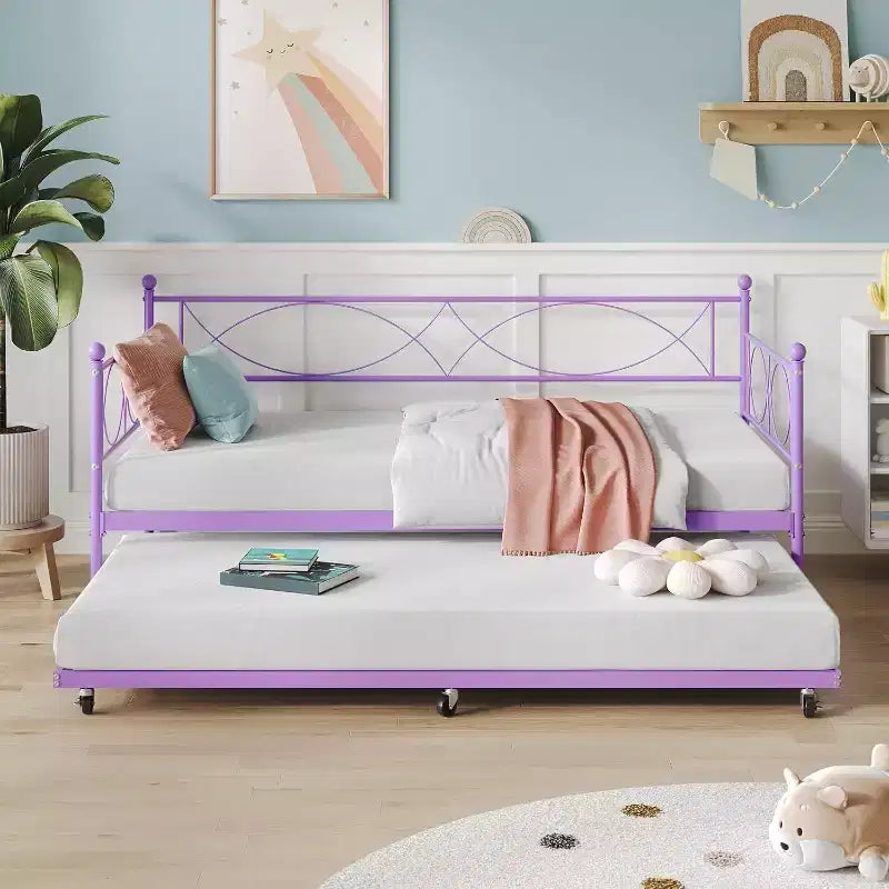 Letto a giorno matrimoniale in metallo con letto estraibile, struttura resistente, rotelle con blocco e doghe in metallo, ideale per camera da letto, camera degli ospiti o soggiorno