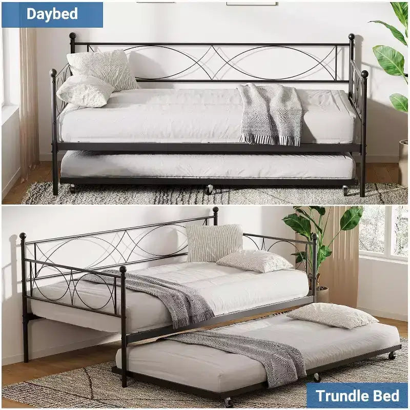 Letto a giorno matrimoniale in metallo con letto estraibile, struttura resistente, rotelle con blocco e doghe in metallo, ideale per camera da letto, camera degli ospiti o soggiorno