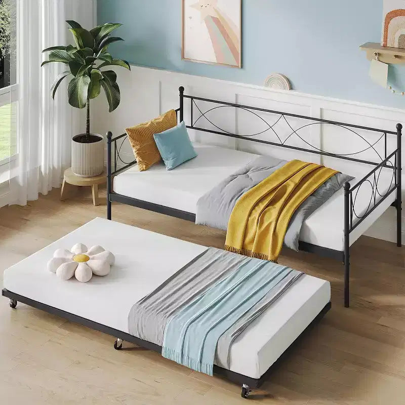 Twin Metal Daybed with Trundle, Heavy-Duty Frame, Lockable Casters & Metal SlatsIdeal for Bedroom, Guest Room, or Living Room