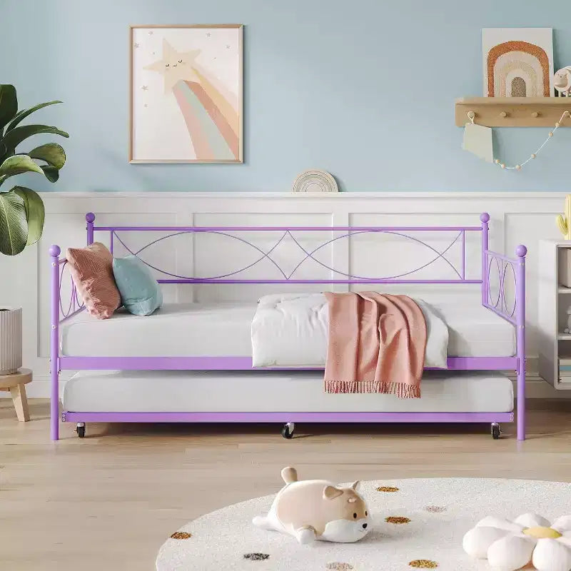 Letto a giorno matrimoniale in metallo con letto estraibile, struttura resistente, rotelle con blocco e doghe in metallo, ideale per camera da letto, camera degli ospiti o soggiorno