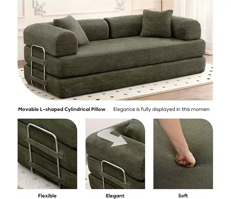 Divano Letto Convertibile con Piattaforma, Cuscino Cilindrico e Materasso Pieghevole in Velluto a Coste, Adatto per Soggiorno, Camera da Letto, Salotto e Studio