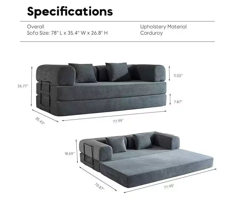 Divano Letto Convertibile con Piattaforma, Cuscino Cilindrico e Materasso Pieghevole in Velluto a Coste, Adatto per Soggiorno, Camera da Letto, Salotto e Studio