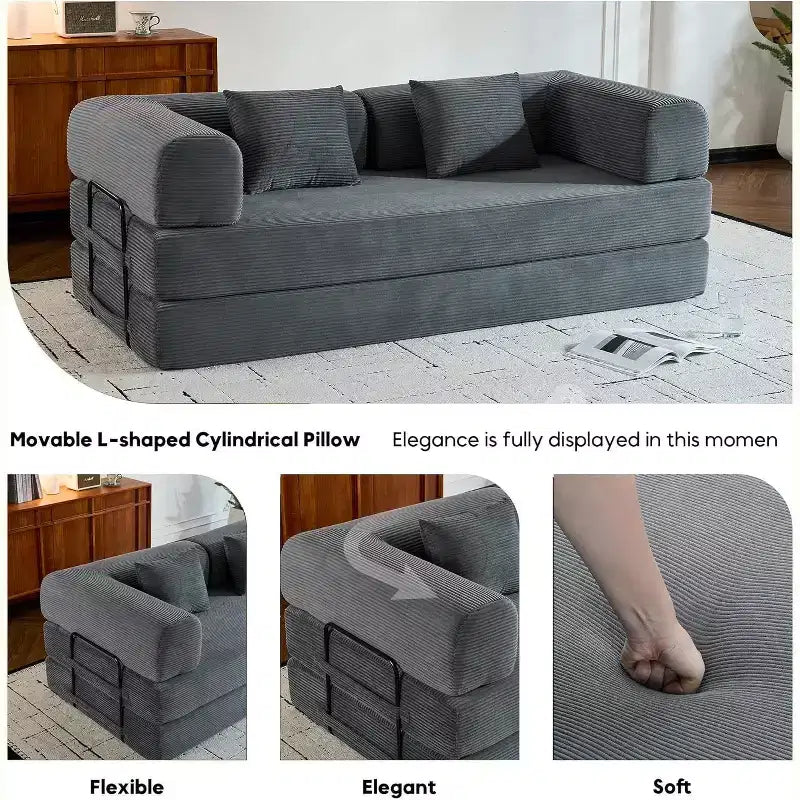 Divano Letto Convertibile con Piattaforma, Cuscino Cilindrico e Materasso Pieghevole in Velluto a Coste, Adatto per Soggiorno, Camera da Letto, Salotto e Studio
