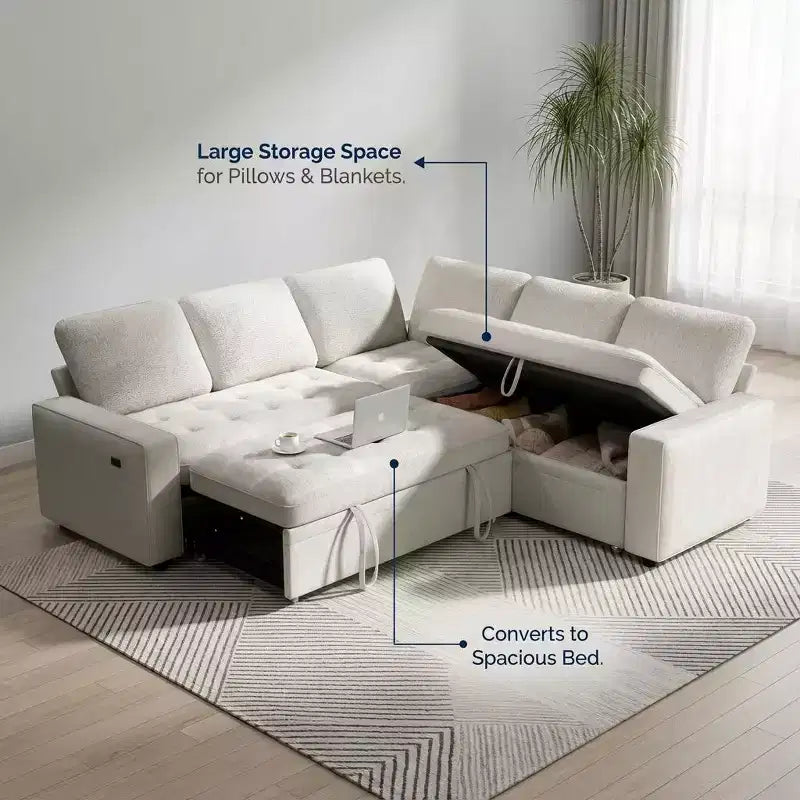Dyonery Divano letto componibile a 5 posti, Divano letto a L con reclinabile, contenitore, porte USB e tessuto ciniglia, per piccoli spazi