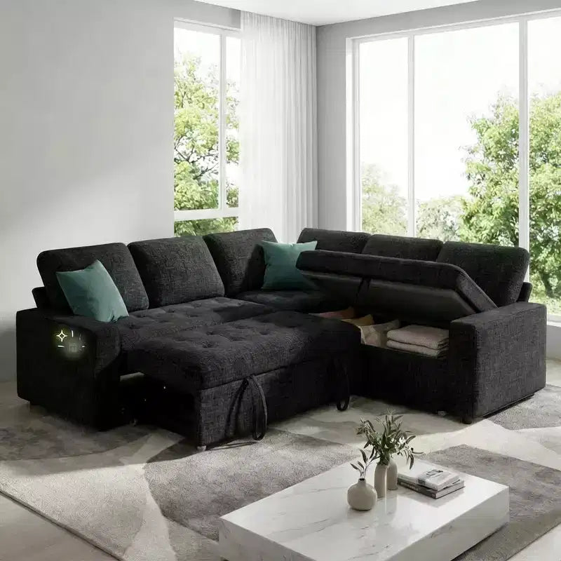 Dyonery Divano letto componibile a 5 posti, Divano letto a L con reclinabile, contenitore, porte USB e tessuto ciniglia, per piccoli spazi