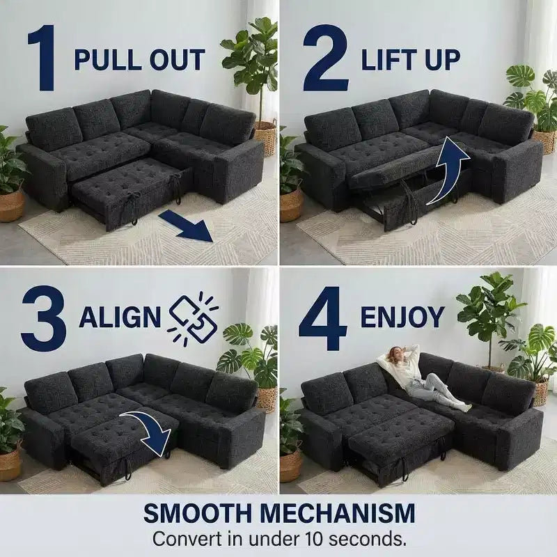 Dyonery Divano letto componibile a 5 posti, Divano letto a L con reclinabile, contenitore, porte USB e tessuto ciniglia, per piccoli spazi
