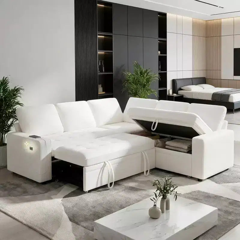 Dyonery Divano letto componibile a 5 posti, Divano letto a L con reclinabile, contenitore, porte USB e tessuto ciniglia, per piccoli spazi