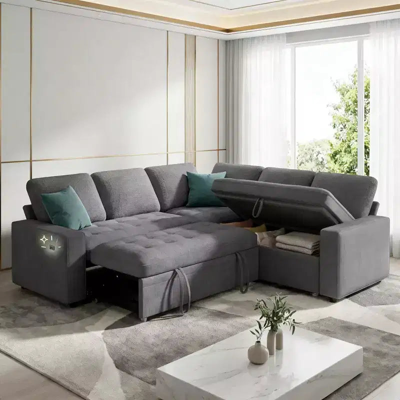 Dyonery Divano letto componibile a 5 posti, Divano letto a L con reclinabile, contenitore, porte USB e tessuto ciniglia, per piccoli spazi