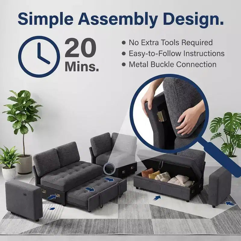 Dyonery Divano letto componibile a 5 posti, Divano letto a L con reclinabile, contenitore, porte USB e tessuto ciniglia, per piccoli spazi