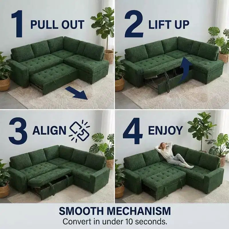 Dyonery Divano letto componibile a 5 posti, Divano letto a L con reclinabile, contenitore, porte USB e tessuto ciniglia, per piccoli spazi