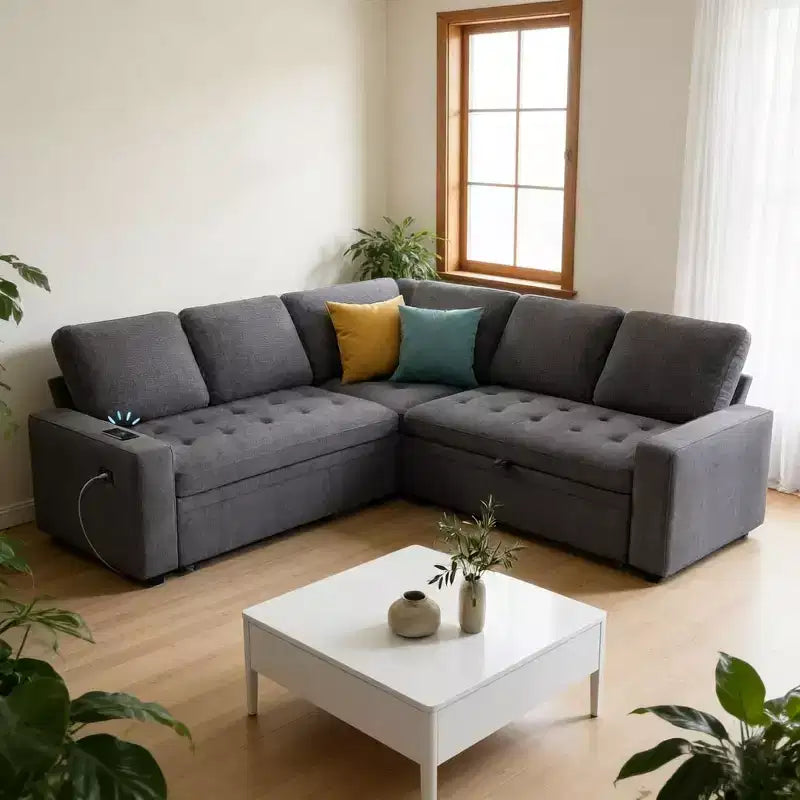 Dyonery Divano letto componibile a 5 posti, Divano letto a L con reclinabile, contenitore, porte USB e tessuto ciniglia, per piccoli spazi