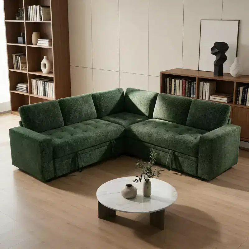 Dyonery Divano letto componibile a 5 posti, Divano letto a L con reclinabile, contenitore, porte USB e tessuto ciniglia, per piccoli spazi