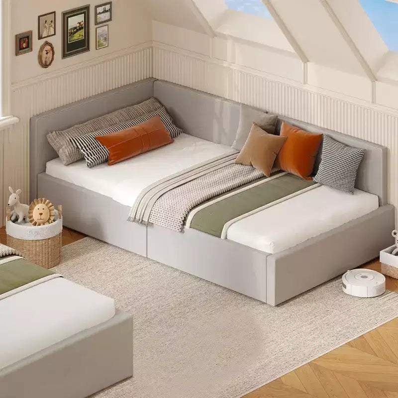Acekool Letto a Divano Doppio con Cassetti Contenitori, Telaio ad Angolo Imbottito in Velluto con Sponde, Grigio Chiaro o Beige