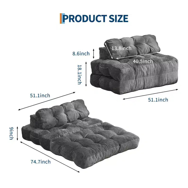 Divano Letto Pieghevole 3 in 1 COZONY, Poltrona da Pavimento Pieghevole con Cuscino, Futon da Pavimento in Velluto a Coste, Letto Pieghevole in Schiuma Sminuzzata per Soggiorno/Camera da Letto