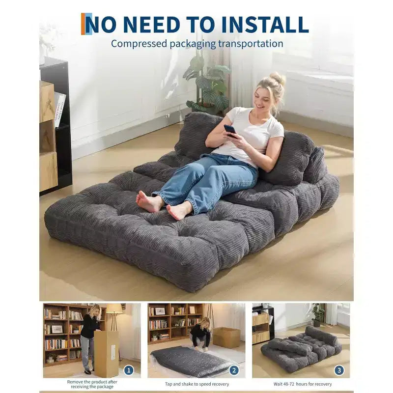 Divano Letto Pieghevole 3 in 1 COZONY, Poltrona da Pavimento Pieghevole con Cuscino, Futon da Pavimento in Velluto a Coste, Letto Pieghevole in Schiuma Sminuzzata per Soggiorno/Camera da Letto