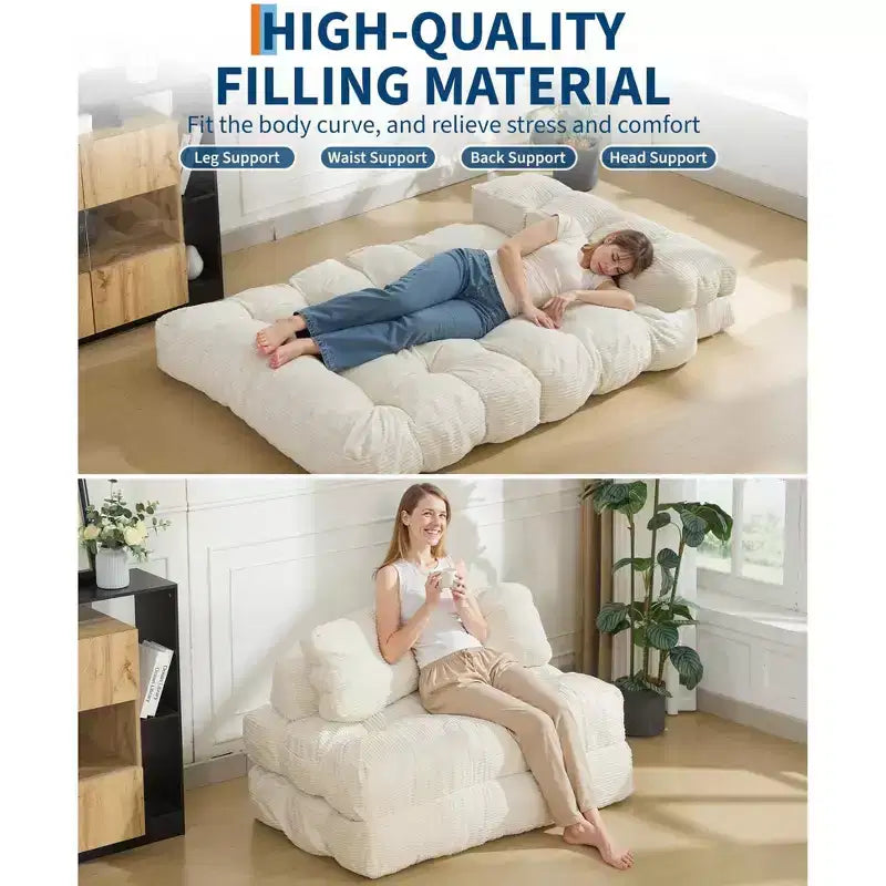Divano Letto Pieghevole 3 in 1 COZONY, Poltrona da Pavimento Pieghevole con Cuscino, Futon da Pavimento in Velluto a Coste, Letto Pieghevole in Schiuma Sminuzzata per Soggiorno/Camera da Letto