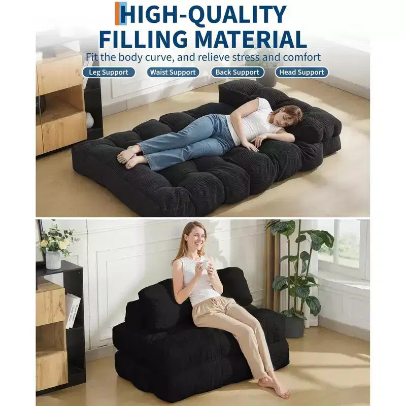 Divano Letto Pieghevole 3 in 1 COZONY, Poltrona da Pavimento Pieghevole con Cuscino, Futon da Pavimento in Velluto a Coste, Letto Pieghevole in Schiuma Sminuzzata per Soggiorno/Camera da Letto