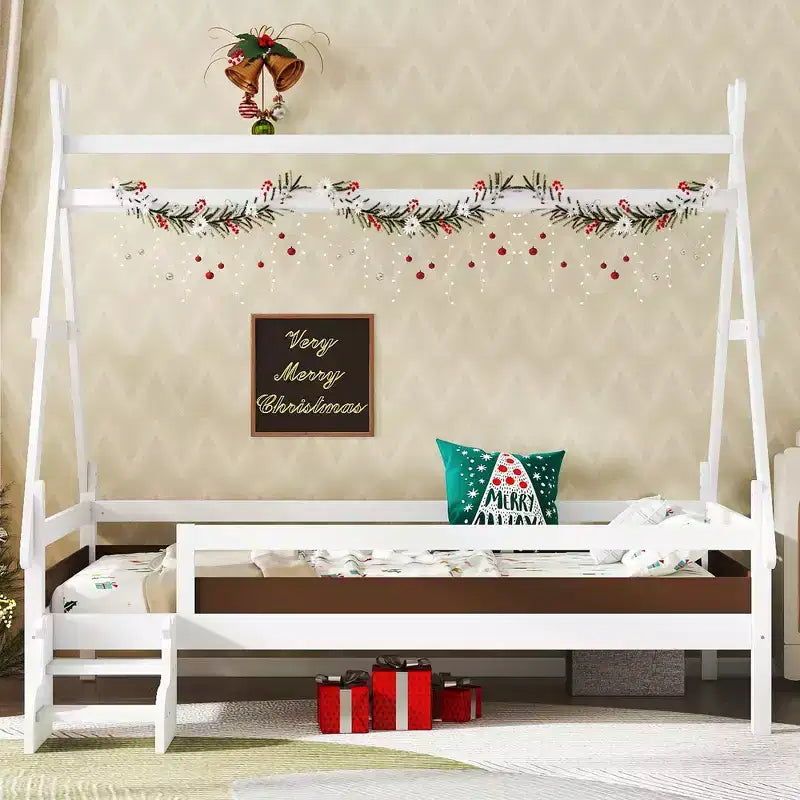 Letto a piattaforma Twin/Full House con scale, struttura letto a profilo basso Divertimento infantile - ModernLuxe