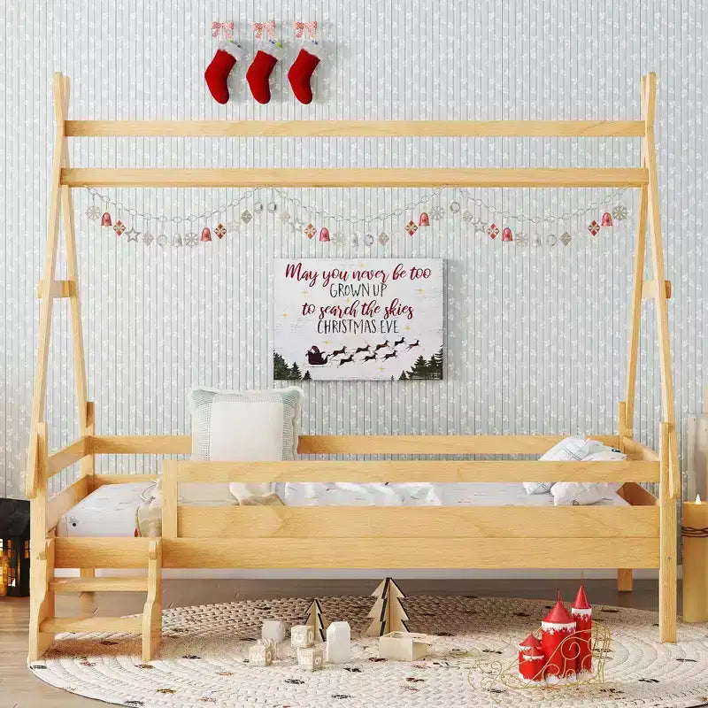 Letto a piattaforma Twin/Full House con scale, struttura letto a profilo basso Divertimento infantile - ModernLuxe
