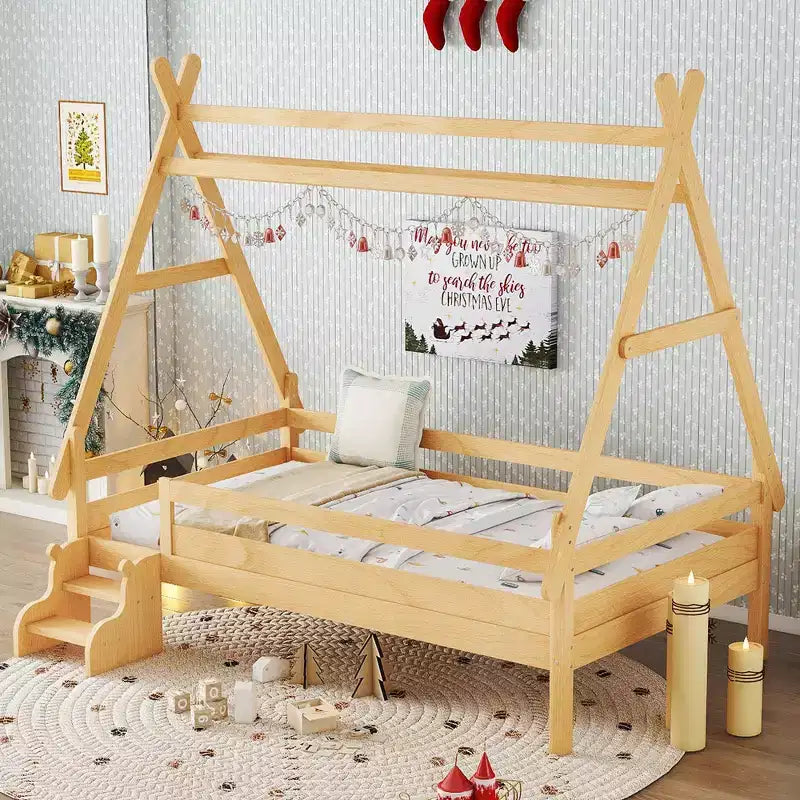Letto a piattaforma Twin/Full House con scale, struttura letto a profilo basso Divertimento infantile - ModernLuxe