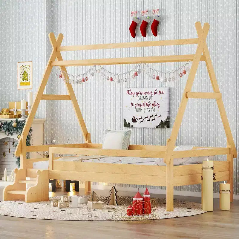 Twin/Full House Platform Bed with Stairs, Low Profile Bed Frame Childlike Fun Bed - ModernLuxe