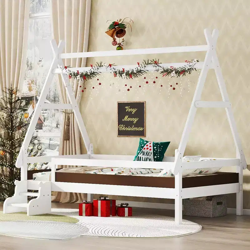Letto a piattaforma Twin/Full House con scale, struttura letto a profilo basso Divertimento infantile - ModernLuxe