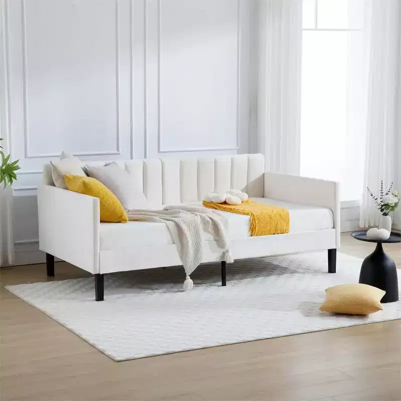 Twin Velvet Daybed with Ribbed Tufted Back, Sturdy Slat Supportwhite Upholstered Sleeper for Bedroom or Living Room, No Box Spring Needed