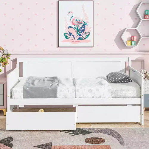 Bellemave Lettino singolo con 2 cassetti portaoggetti, divano letto in legno massello di pino, design salvaspazio per camera da letto o soggiorno, bianco