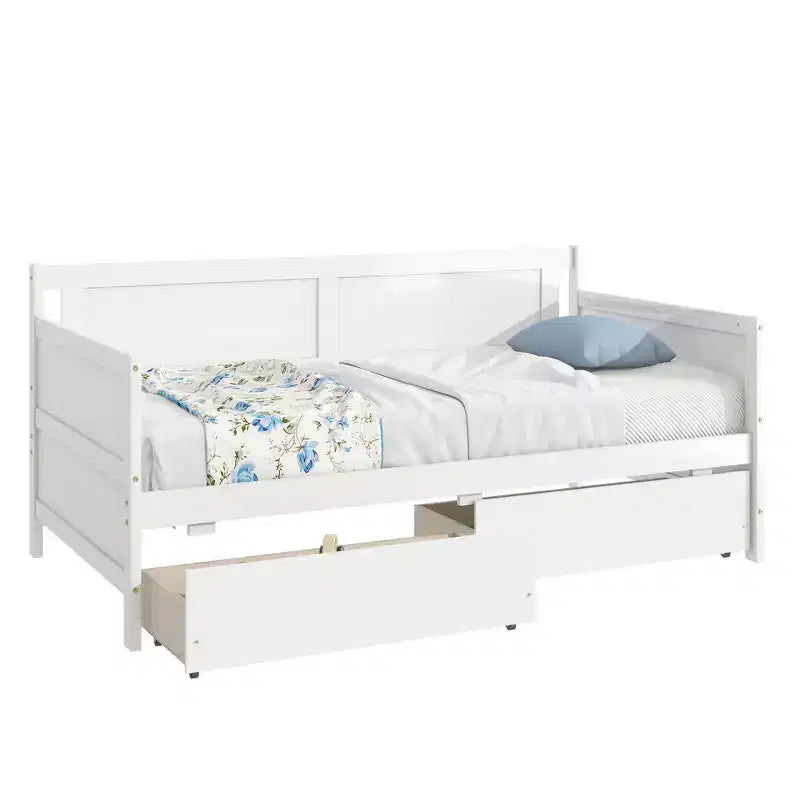 Bellemave Lettino singolo con 2 cassetti portaoggetti, divano letto in legno massello di pino, design salvaspazio per camera da letto o soggiorno, bianco