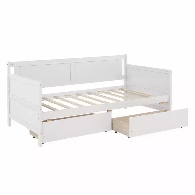 Bellemave Lettino singolo con 2 cassetti portaoggetti, divano letto in legno massello di pino, design salvaspazio per camera da letto o soggiorno, bianco